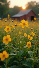 Poster - Serene field of yellow wildflowers with a red barn and sunset, depicting nature's beauty in a rustic setting.