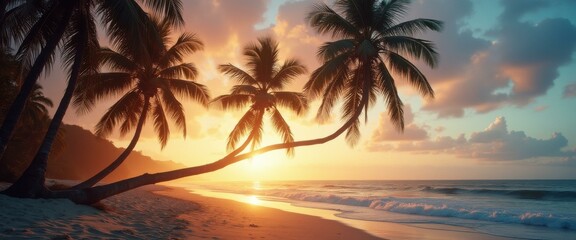 Poster - Tropical beach paradise at sunset with palm trees, golden light reflecting on the sea and sand, evoking relaxation and vacation vibes