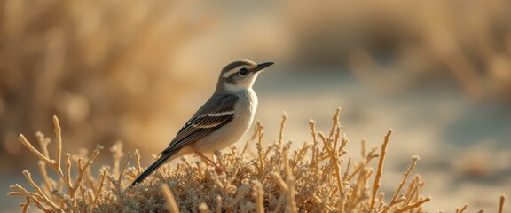 Aufkleber - Elegant Bird Perched Atop Desert Brush, a Study in Neutral Tones