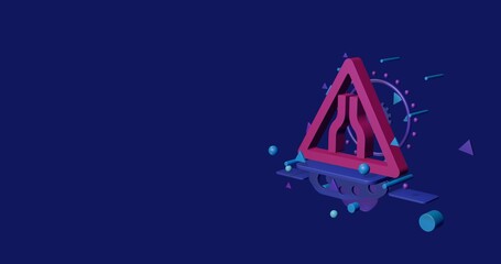Poster - Pink road narrowing sign on a pedestal of abstract geometric shapes floating in the air. Abstract concept art with flying shapes on the right. 3d illustration on indigo background
