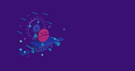 Poster - Pink masked face symbol on a pedestal of abstract geometric shapes floating in the air. Abstract concept art with flying shapes on the left. 3d illustration on deep purple background