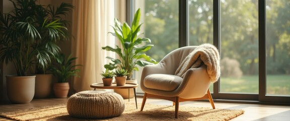 Aufkleber - Cozy Interior Design: Natural Light, Armchair, Plants, and Knitted Pouf in a Serene Setting