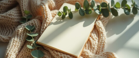 Poster - Open book with blank pages laying on a knitted scarf with eucalyptus leaves