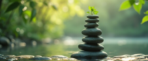 Poster - Stack of Balanced Stones with a Small Plant on Top in Tranquil Water for Spiritual Wellness