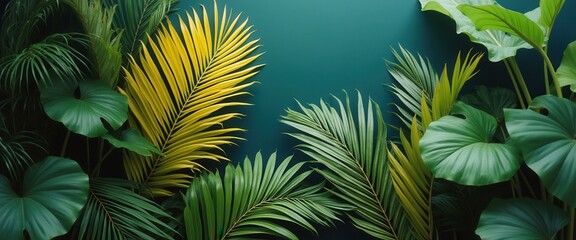 Leinwandbilder - Lush tropical foliage background featuring vibrant green leaves, a bright yellow palm frond, and a dark teal backdrop creating a f