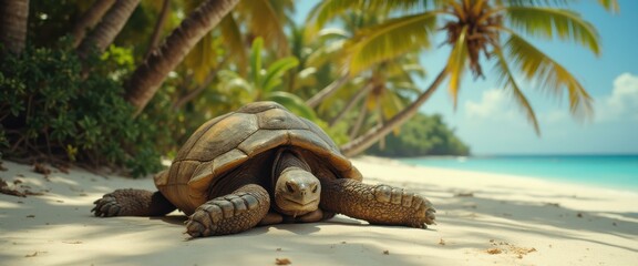 Poster - Tranquil beach scene featuring a large tortoise basking under palm trees, with clear turquoise ocean in the background.