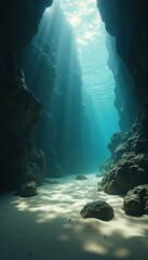 Poster - Underwater Canyon with Sunlight Streaming Through Azure Water Creating Ethereal Light and Shadow Patterns on the Sandy Floor