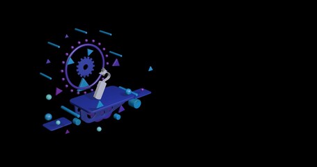 Poster - White dynamite symbol on a pedestal of abstract geometric shapes floating in the air. Abstract concept art with flying shapes on the left. 3d illustration on black background