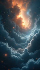 Poster - Dramatic Sky with Swirling Clouds and Glowing Orbs, Moody Celestial Scene for Dreamy Backgrounds