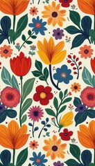 Aufkleber - Vibrant Floral Pattern Artwork: Colorful Flowers, Leaves, and Botanical Design on Light Background