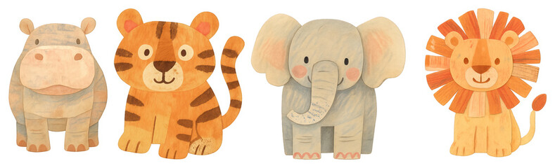 Wall Mural - png cute illustrated safari animals, element set on transparent background