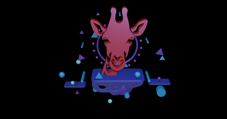 Poster - Red giraffe head symbol on a pedestal of abstract geometric shapes floating in the air. Abstract concept art with flying shapes in the center. 3d illustration on black background