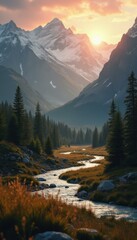 Poster - Serene Mountain Valley: Winding River, Lush Forest, and Majestic Snow-Capped Peaks at Sunrise
