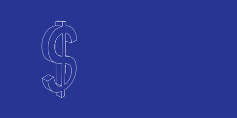 Poster - The outline of a large dollar symbol made of white lines on the left. 3D view of the object in perspective. Vector illustration on indigo background