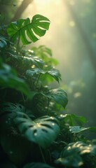 Aufkleber - Lush Monstera Deliciosa Leaves Bathed in Soft Sunlight, Covered with Water Droplets in a Tranquil Jungle Setting