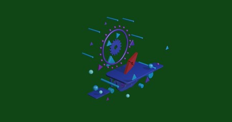 Poster - Red compass symbol on a pedestal of abstract geometric shapes floating in the air. Abstract concept art with flying shapes in the center. 3d illustration on green background