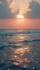 Poster - Serene ocean sunset with gentle waves, soft light, and cloudy sky reflecting on the water's surface