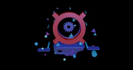 Poster - Red currency sign on a pedestal of abstract geometric shapes floating in the air. Abstract concept art with flying shapes in the center. 3d illustration on black background