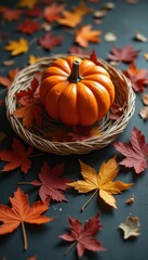 Aufkleber - Autumn Still Life: Decorative Pumpkin in Wicker Basket Surrounded by Colorful Maple Leaves on Dark Surface