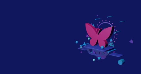 Poster - Pink butterfly symbol on a pedestal of abstract geometric shapes floating in the air. Abstract concept art with flying shapes on the right. 3d illustration on indigo background
