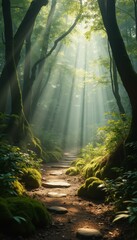 Poster - Serene Forest Path with Sunbeams Illuminating the Woodland Scene