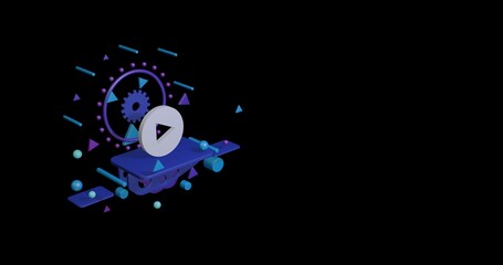Poster - White play symbol on a pedestal of abstract geometric shapes floating in the air. Abstract concept art with flying shapes on the left. 3d illustration on black background