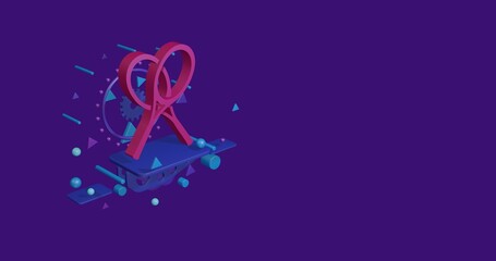 Poster - Pink crossed tennis rackets symbol on a pedestal of abstract geometric shapes floating in the air. Abstract concept art with flying shapes on the left. 3d illustration on deep purple background