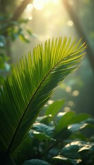 Poster - Close-up of a Vibrant Green Cycad Frond in a Lush Tropical Rainforest Bathed in Golden Sunlight