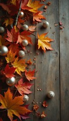 Aufkleber - Autumn Decor: Vibrant Maple Leaves and Glittery Ornaments on Rustic Wood Surface