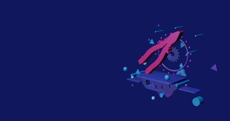 Poster - Pink pliers symbol on a pedestal of abstract geometric shapes floating in the air. Abstract concept art with flying shapes on the right. 3d illustration on indigo background