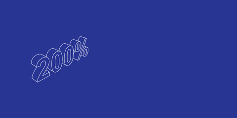 Poster - The outline of a large 200 percent symbol made of white lines on the left. 3D view of the object in perspective. Vector illustration on indigo background