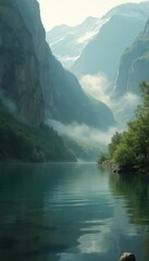 Poster - Calm Lake Reflects Towering Cliffs and Misty Mountains in a Serene Landscape