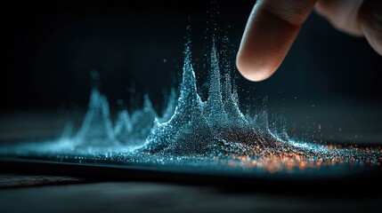 Poster - Glowing Blue Particle Digital Art with Orange Peaks – Futuristic Sci-Fi Touch Interaction Concept, 32k Resolution