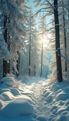 Poster - Sunlight streams through snow covered trees onto a path in a winter woodland scene