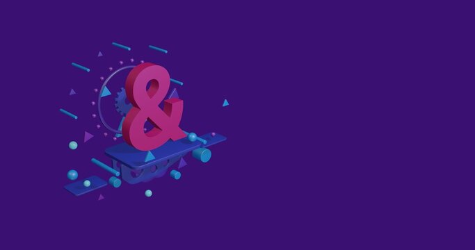 Pink ampersand symbol on a pedestal of abstract geometric shapes floating in the air. Abstract concept art with flying shapes on the left. 3d illustration on deep purple background