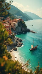 Poster - Picturesque coastal village scene with colorful houses and a boat in turquoise waters