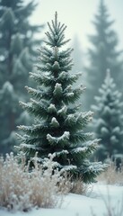 Poster - A Small Evergreen Tree Covered in Frost Stands in a Snowy Forest, Creating a Winter Wonderland Scene