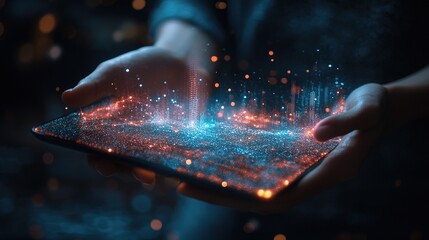 Poster - Glowing Blue Particle Digital Art with Orange Peaks – Futuristic Sci-Fi Touch Interaction Concept, 32k Resolution
