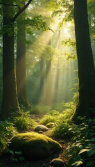 Aufkleber - Sunlit Forest Path: Serene Woodland Scene with Mossy Rocks, Green Foliage, and Rays of Sunlight