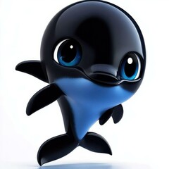 Leinwandbilder - Charming baby dolphin character with big blue eyes, glossy black and blue coloring, and a playful pose on a white background.
