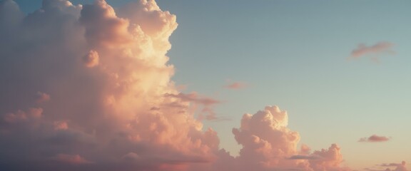 Poster - Sky illuminated by sunset with fluffy cumulus clouds tinged with shades of orange, pink, and purple