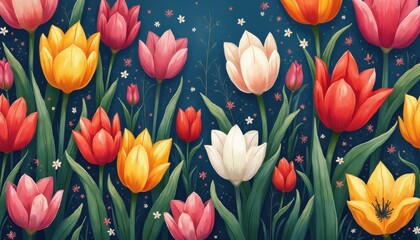 Poster - Colorful Tulips with Dark Background: Artistic Floral Painting for Spring Decor and Nature Themes