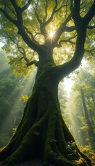 Poster - Majestic old tree with spreading branches and sunlit leaves in a mystical forest with glowing sunbeams illuminating the tranquil scene