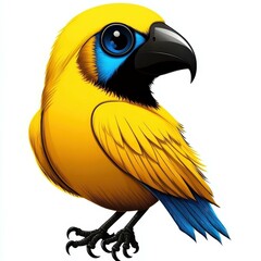 Poster - Adorable Cartoon Bird with Yellow Plumage, Blue Accents and Curious Expression Standing on a White Background