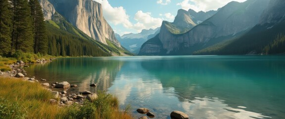 Poster - Serene turquoise lake surrounded by lush green forest and majestic mountains under a bright sky, perfect for outdoor activities an
