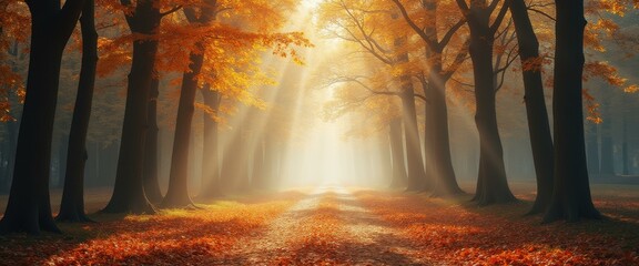 Aufkleber - Autumnal Pathway with Sunbeams: A Serene Forest Scene of Tranquility and Golden Light