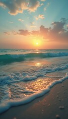 Poster - Golden sunset reflected in ocean waves at sandy shore