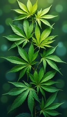 Poster - Lush Green Cannabis Plant with Detailed Leaf Structure on a Dark Green Bokeh Background - Botanical Study