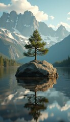 Poster - Serene Tree atop Rock Formation in Calm Lake with Mountain Backdrop
