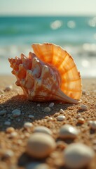 Poster - Elegant Seashell on Sandy Beach with Glimmering Ocean Backdrop for Summer Theme